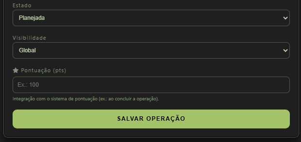 Final de Operações com artefatos e cargas com estado, visibilidade, pontuação e botão Salvar Operação.